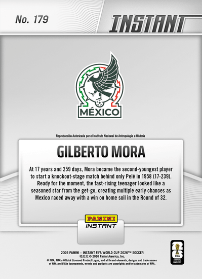 2026 Panini Instant FIFA World Cup Gilberto Mora #179 Electric El Nino Storms into Action Mexico Rookie RC Soccer Card