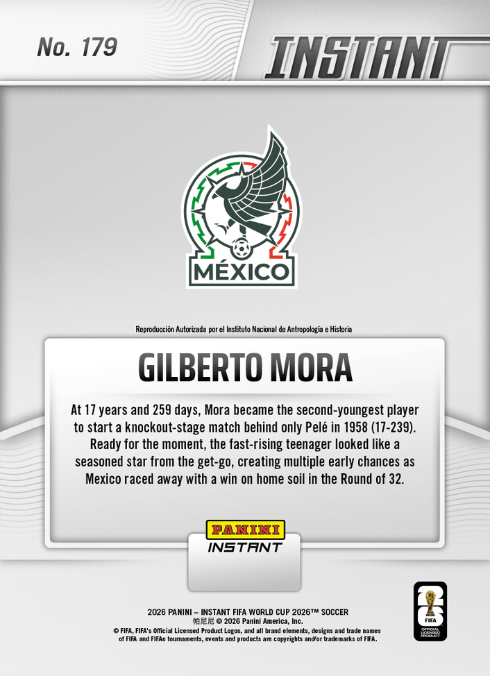 2026 Panini Instant FIFA World Cup Gilberto Mora #179 Electric El Nino Storms into Action Mexico Rookie RC Soccer Card