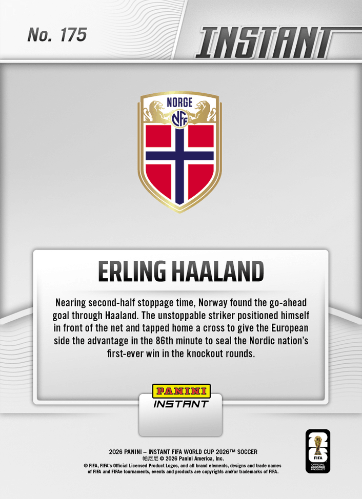 2026 Panini Instant FIFA World Cup Erling Haaland #175 Haaland Puts Norway in Position to Advance Norway Soccer Card