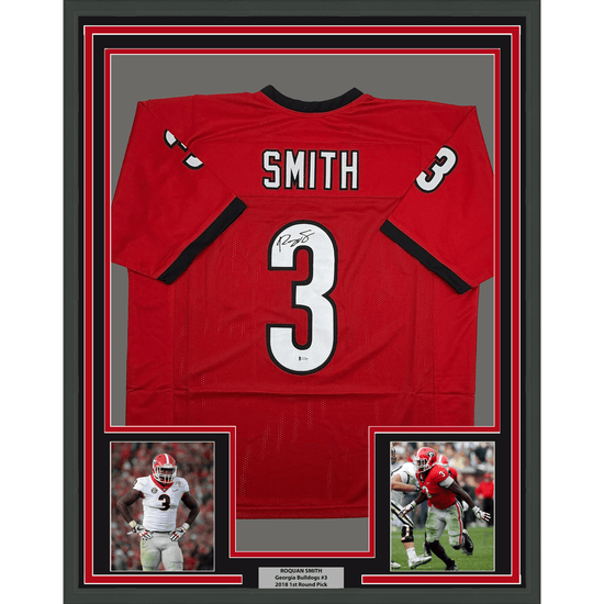 Framed Autographed/Signed Roquan Smith 35x39 Georgia Red College Football Jersey Beckett BAS COA