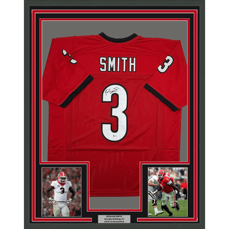 Framed Autographed/Signed Roquan Smith 35x39 Georgia Red College Football Jersey Beckett BAS COA