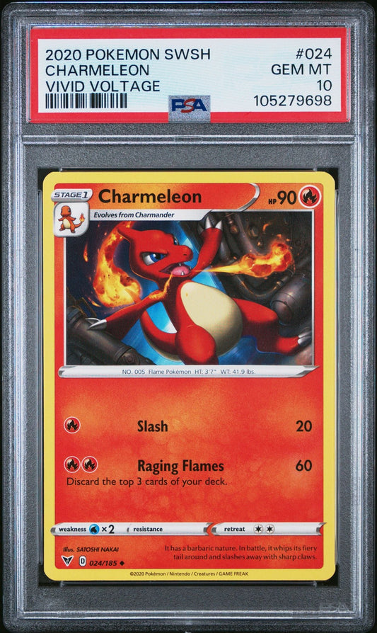 Graded 2025 Pokemon SWSH Charmeleon #024 Vivid Voltage Sword and Shield Trading Card Game PSA 10 Gem Mint