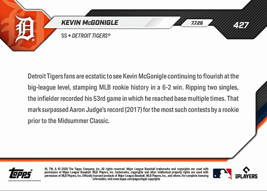 2026 Topps Now Kevin McGonigle #427 53rd Multiple On Base Game Sets MLB Rookie Mark Detroit Tigers Rookie RC Baseball Card