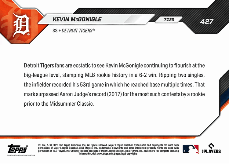 2026 Topps Now Kevin McGonigle #427 53rd Multiple On Base Game Sets MLB Rookie Mark Detroit Tigers Rookie RC Baseball Card