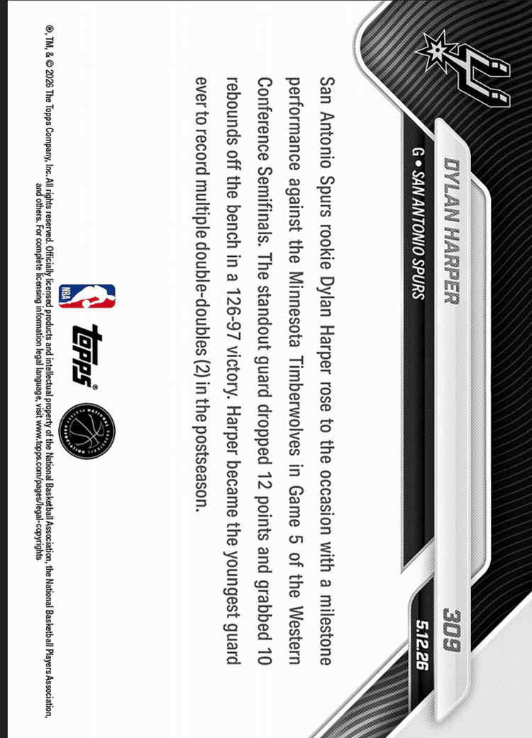 2025 Topps Now Dylan Harper #309 Orange Foil /25 Youngest Guard Ever with Multiple Playoff Double Doubles San Antonio Spurs Rookie RC Basketball Card