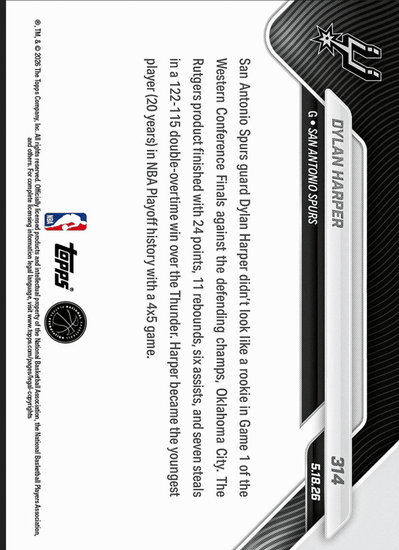 2025 Topps Now Dylan Harper #314 Gold Foil /50 Youngest in NBA Playoff History with 4x5 Game San Antonio Spurs Rookie RC Basketball Card
