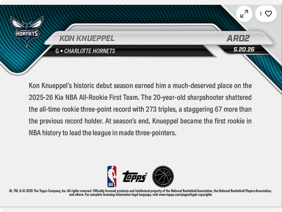 2025 Topps Now Kon Knueppel #AR02 Gold Foil /50 2025-26 KIA NBA All Rookie First Team Selection Charlotte Hornets Rookie RC Basketball Card