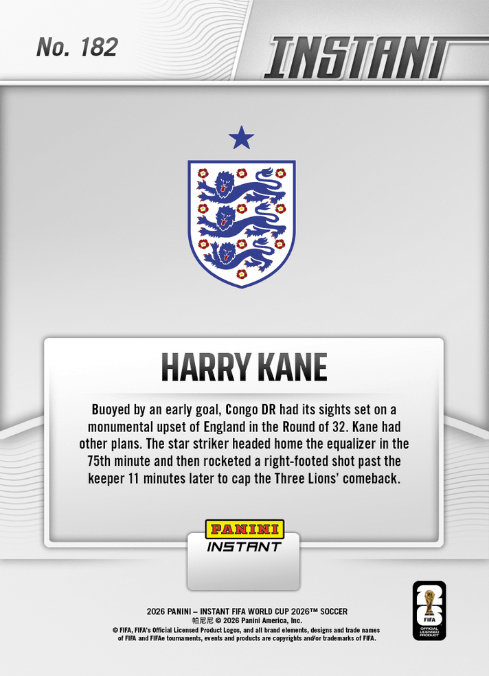 2026 Panini Instant FIFA World Cup Harry Kane #182 Two for One: Kane Double Carries England Forward England Soccer Card