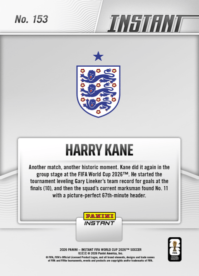 2026 Panini Instant FIFA World Cup Harry Kane #153 Kane Tops Chart, England Tops Group England Soccer Card