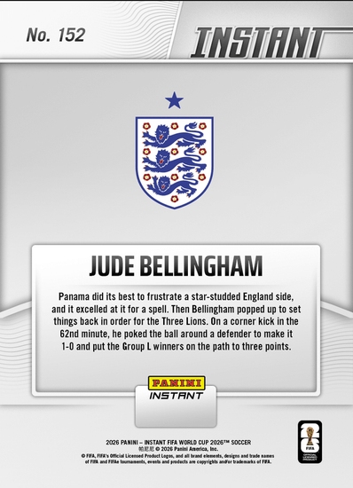 2026 Panini Instant FIFA World Cup Jude Bellingham #152 Bellingham Kick Starts Closing Run England Soccer Card