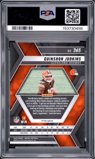 Graded 2025 Panini Mosaic Quinshon Judkins #365 Green Rookie RC Football Card PSA 10 Gem Mint
