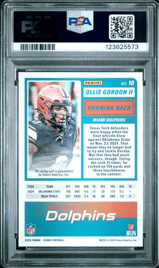 Graded 2025 Panini Score Ollie Gordon II #10 Signature Rookie RC Football Card PSA 10 Gem Mint