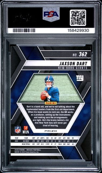 Graded 2025 Panini Mosaic Jaxson Dart #362 Reactive Blue Rookie RC Football Card PSA 10 Gem Mint
