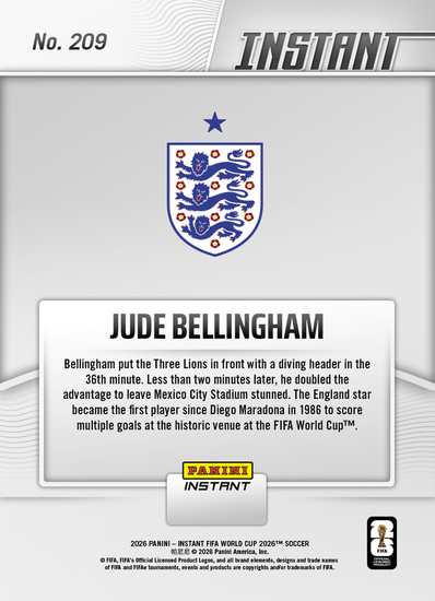 2026 Panini Instant FIFA World Cup Jude Bellingham #209 Bellingham Bags Stunning Brace in Mexico City England Soccer Card