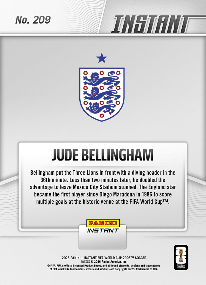 2026 Panini Instant FIFA World Cup Jude Bellingham #209 Bellingham Bags Stunning Brace in Mexico City England Soccer Card