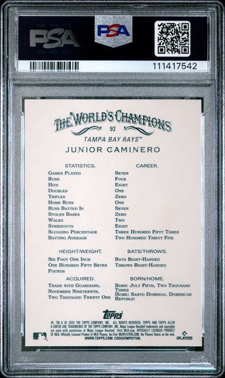 Graded 2024 Topps Allen & Ginter Junior Caminero #92 Chrome Rookie RC Baseball Card PSA 10 Gem Mint