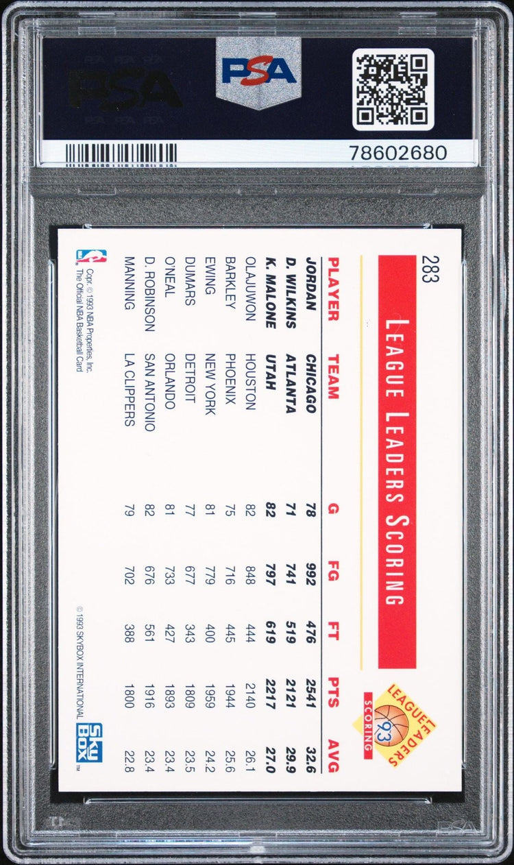 Graded 1993 NBA Hoops Michael Jordan #283 Scoring Leaders Wilkins Malone Basketball Card PSA 10 Gem Mint