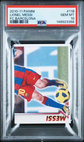 Graded 2010 Panini Lionel Messi #118 FC Barcelona Stickers Soccer Card PSA 10 Gem Mint