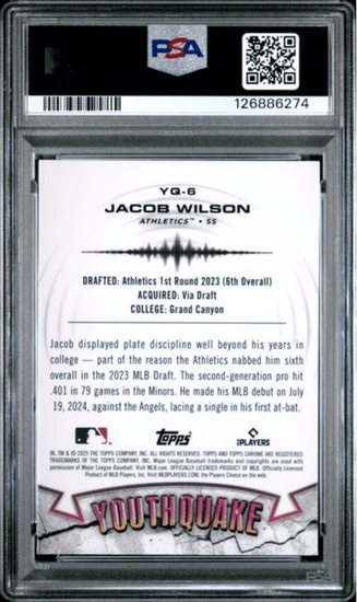 Graded 2025 Topps Chrome Jacob Wilson #YQ6 Youthquake Rookie RC Baseball Card PSA 10 Gem Mint