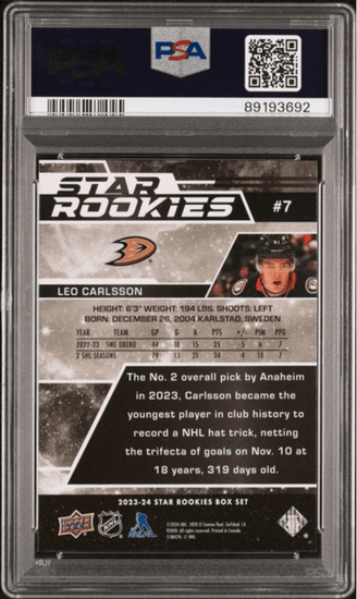 Graded 2023 Upper Deck Star Rookies Leo Carlsson #7 Box Set Rookie RC Hockey Card PSA 10 Gem Mint