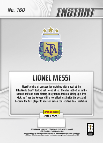 2026 Panini Instant FIFA World Cup Lionel Messi #160 More History For Marvelous Messi Argentina Soccer Card