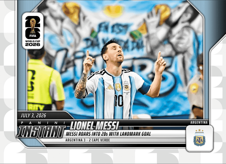 2026 Panini Instant FIFA World Cup Lionel Messi #196 Messi Roars into 20s with Landmark Goal Argentina Soccer Card