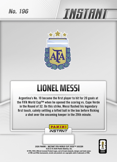 2026 Panini Instant FIFA World Cup Lionel Messi #196 Messi Roars into 20s with Landmark Goal Argentina Soccer Card