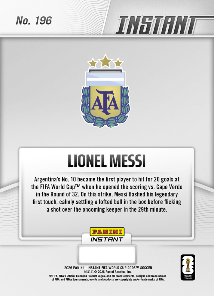 2026 Panini Instant FIFA World Cup Lionel Messi #196 Messi Roars into 20s with Landmark Goal Argentina Soccer Card
