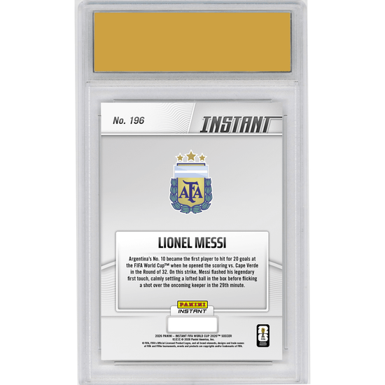 Graded 2026 Panini Instant FIFA World Cup Lionel Messi #196 Messi Roars into 20s with Landmark Goal Argentina Soccer Card HOFSM 10 Gem Mint