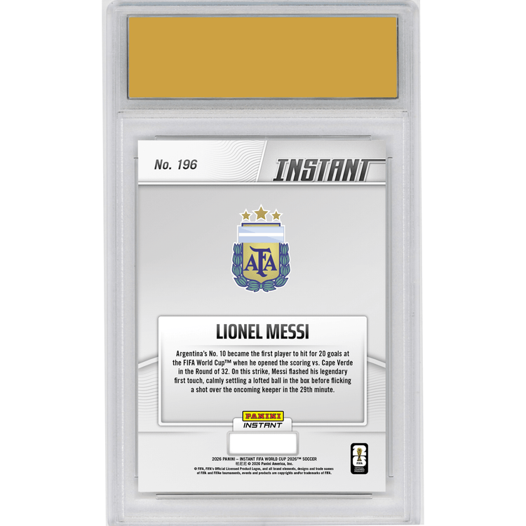 Graded 2026 Panini Instant FIFA World Cup Lionel Messi #196 Messi Roars into 20s with Landmark Goal Argentina Soccer Card HOFSM 10 Gem Mint