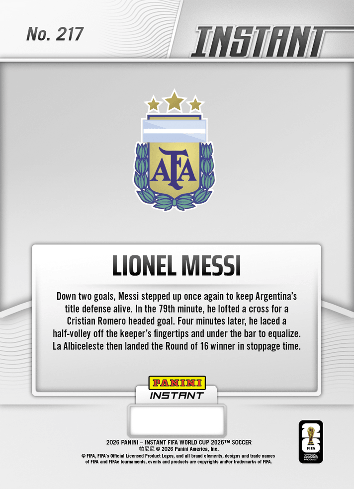 2026 Panini Instant FIFA World Cup Lionel Messi #217 Maestro Messi Orchestrates Epic Comeback Argentina Soccer Card