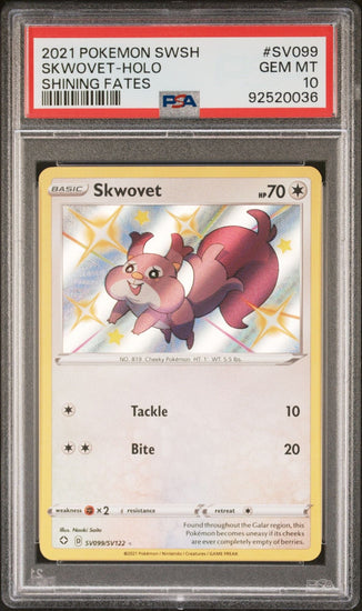Graded 2021 Pokemon Shining Fates Skwovet #SV099 Holo SWSH Trading Card Game PSA 10 Gem Mint