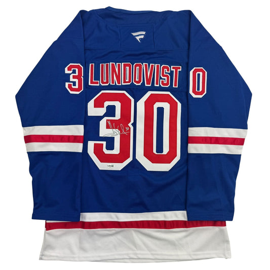 Autographed/Signed Henrik Lundqvist New York Blue Hockey Jersey JSA COA