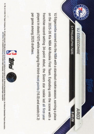 2025 Topps Now VJ Edgecombe #AR03 Orange Foil /25 2025-26 KIA NBA All Rookie First Team Selection Philadelphia 76ers Rookie RC Basketball Card