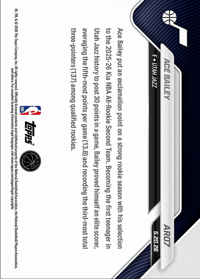 2025 Topps Now Ace Bailey #ARO7 2025-26 KIA NBA All Rookie Second Team Selection Utah Jazz Rookie RC Basketball Card