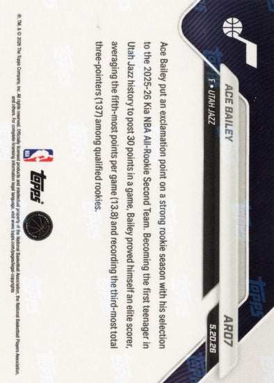 2025 Topps Now Ace Bailey #ARO7 Gold Foil /50 2025-26 KIA NBA All Rookie Second Team Selection Utah Jazz Rookie RC Basketball Card