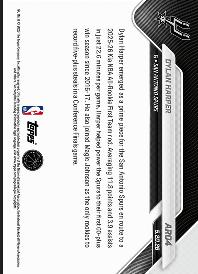 2025 Topps Now Dylan Harper #AR04 Gold Foil /50 2025-26 KIA NBA All Rookie First Team Selection San Antonio Spurs Rookie RC Basketball Card