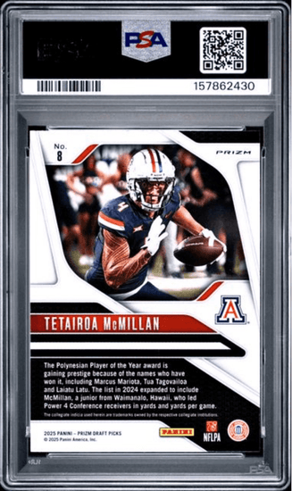 Graded 2025 Panini Prizm Draft Picks Tetairoa McMillan #8 Gold Ice Rookie RC Football Card PSA 10 Gem Mint