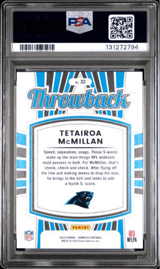 Graded 2025 Panini Donruss Tetairoa McMillan #32 Rated Rookies Throwback Rookie RC Football Card PSA 10 Gem Mint