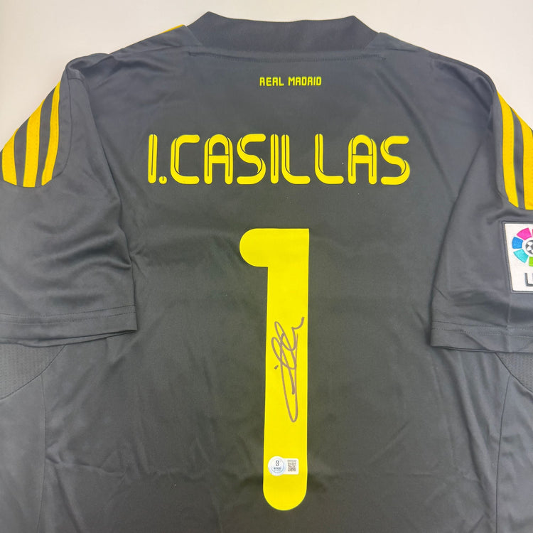 Autographed/Signed Iker Casillas Real Madrid Black Soccer Futbol Jersey Beckett BAS COA
