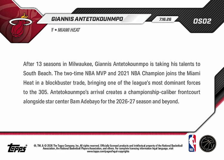 2026 Topps Now Giannis Antetokounmpo #OS02 South Beach Bound: Officially Joins Miami Heat Basketball Card