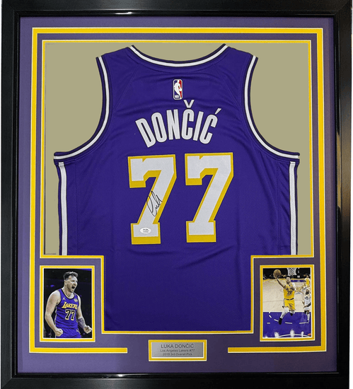 Framed Autographed/Signed Luka Doncic 35x39 Los Angeles Lakers Purple Authentic Basketball Jersey PSA/DNA COA