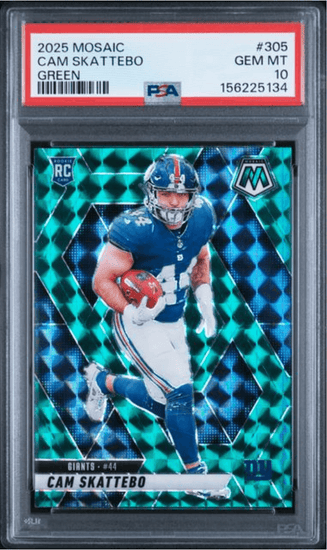 Graded 2025 Panini Mosaic Cam Skattebo #305 Green Rookie RC Football Card PSA 10 Gem Mint