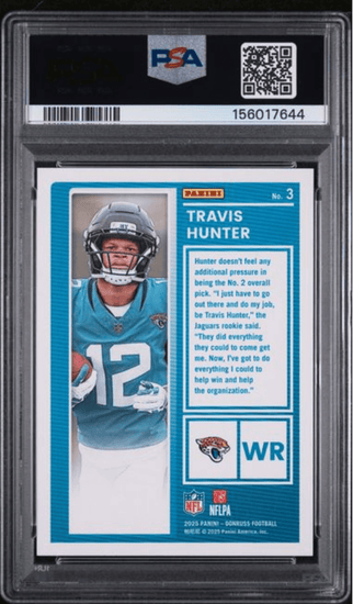 Graded 2025 Panini Donruss Travis Hunter #3 The Rookies Rookie RC Football Card PSA 10 Gem Mint