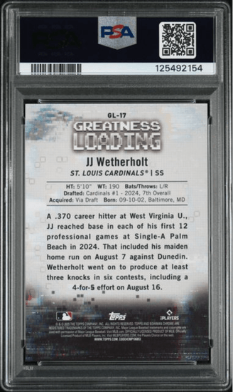 Graded 2025 Topps Bowman JJ Wetherholt #GL17 Greatness Loading Mini Diamond /150 Rookie RC Baseball Card PSA 10 Gem Mint