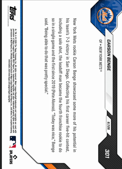 2026 Topps Now Carson Benge #301 Gold Foil /50 1st Mets Rookie to Log 5 Hit Contest Since '19 New York Mets Rookie RC Baseball Card