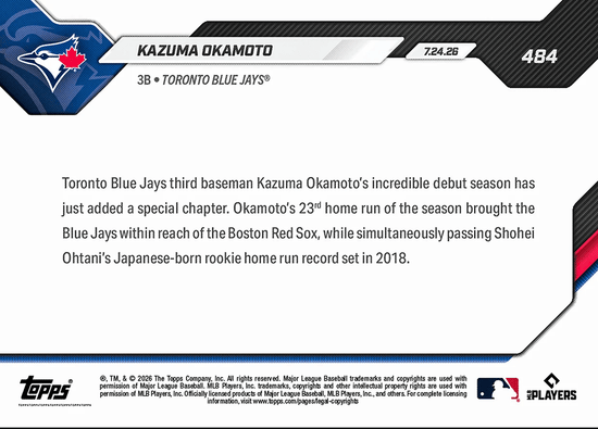 2026 Topps Now Kazuma Okamoto #484 23rd Longball Sets Japanese-Born Home Run Rookie Record Toronto Blue Jays Rookie RC Baseball Card