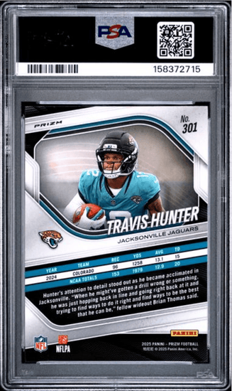 Graded 2025 Panini Prizm Travis Hunter #301 Lazer Prizm Rookie RC Football Card PSA 10 Gem Mint