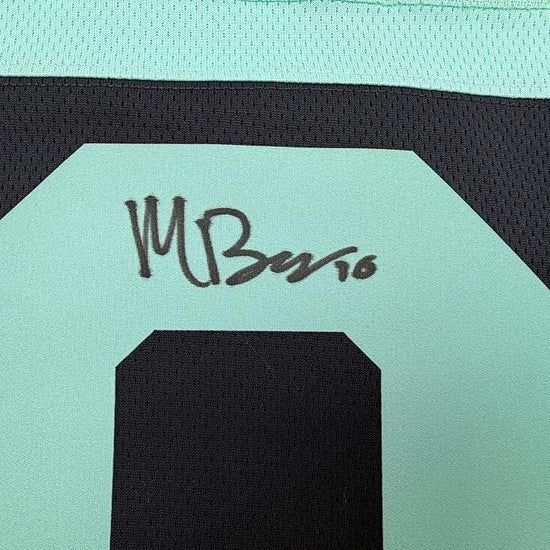 Framed Autographed/Signed Matty Beniers 35x39 Seattle Kraken Blue Authentic Hockey Jersey Fanatics COA