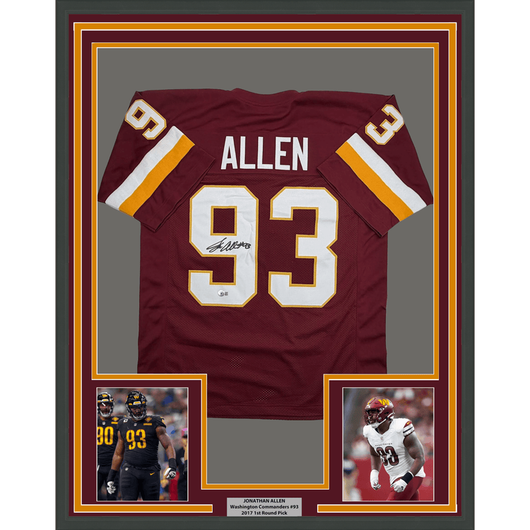 Framed Autographed/Signed Jonathan Allen 35x39 Washington Maroon Football Jersey JSA COA